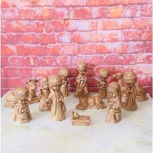 Vintage 70s Duncan Enterprises Tan Glazed Ceramic 12 Piece Nativity Set